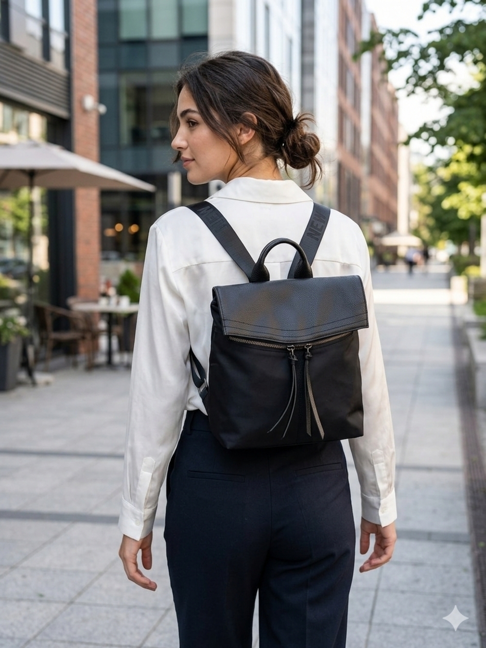 Botkier New Youk Classic Black Women's Backpack with Fold-Over Flap, Leather.